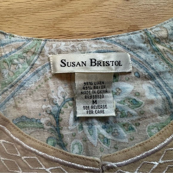 Susan Bristol Boho Paisley Linen Blend Tank Top Size M - Blue and Green - Picture 2 of 6